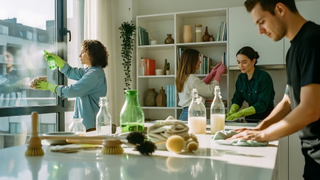 young multiethnic family cleaning table with rag and spray at homeの素材