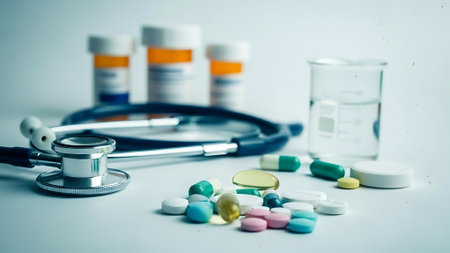 Stethoscope and pills on white background. Selective focus.の素材