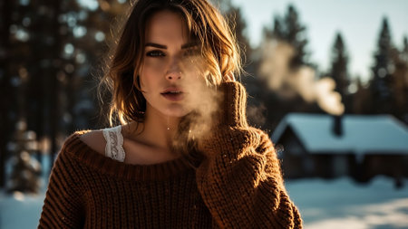 Portrait of a beautiful young woman in a knitted sweater smoking a cigarette in the winter forest.の素材