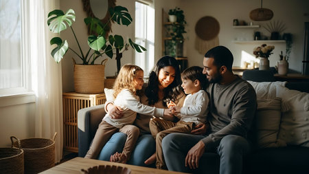 Happy young family spending time together at home. Mother, father and children sitting on sofa in living room.の素材