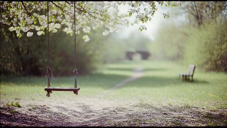 Wooden swing in the park with flowers and trees in the backgroundの素材