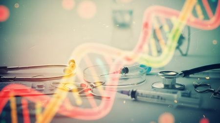 Double exposure of DNA hologram over medical stethoscope background. Concept of education.の素材