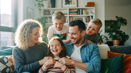 Happy family sitting on sofa in living room. Mother, father and children spending time together.の素材