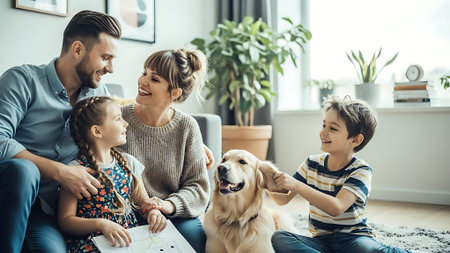 happy family with golden retriever dog sitting on floor in living roomの素材