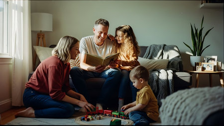Happy family sitting on the floor and reading a book together at homeの素材