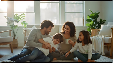 Happy family using laptop while sitting on floor in living room at homeの素材