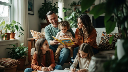 Happy family reading book and smiling while sitting on sofa in living room at homeの素材