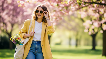beautiful smiling woman in sunglasses holding bouquet of flowers in parkの素材