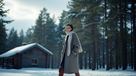 Beautiful young woman in a winter forest. She is wearing a gray coat and red pants.の素材