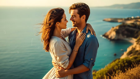Beautiful young couple in love on the background of the sea.の素材