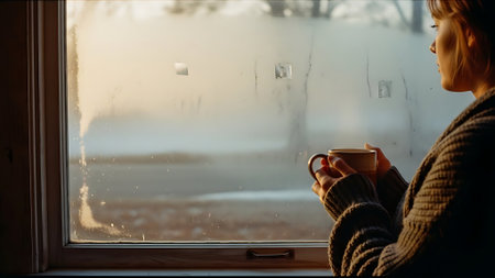 A girl in a warm sweater is holding a cup of hot coffee near the window.の素材