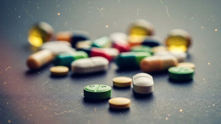 Pills and capsules on a dark background. Selective focus.の素材