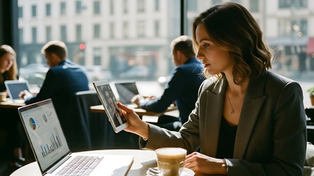 Image of young businesswoman using mobile phone and laptop while sitting in cafeの素材