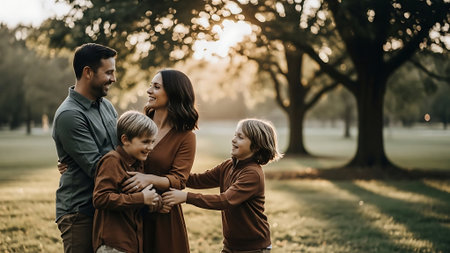 Happy young family walking in the park. Mother, father and children.の素材