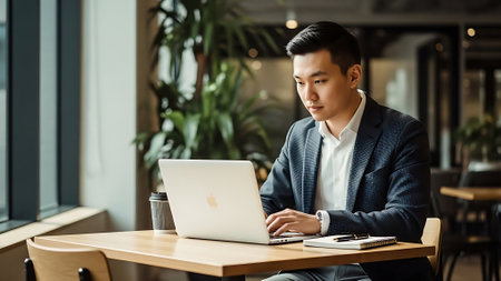 young asian businessman using laptop in cafe. business and technology conceptの素材