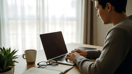 Side view of young Asian woman using laptop computer at home office.の素材