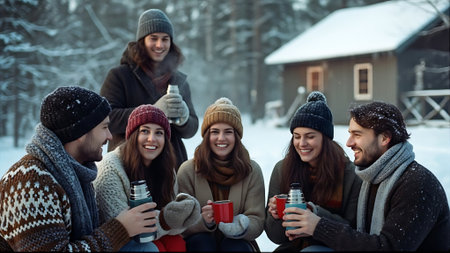 Group of friends drinking hot beverage in winter forest. Group of young people having fun together.の素材