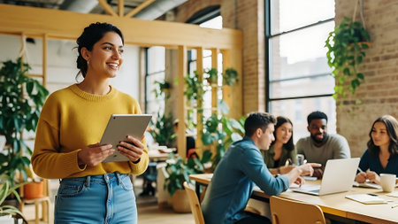 Smiling businesswoman using digital tablet while standing in office with colleagues in backgroundの素材