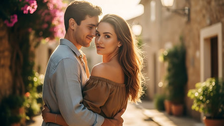 Beautiful young couple is hugging and smiling while walking in the cityの素材