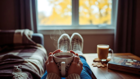 Close-up of a woman's feet with a cup of coffeeの素材