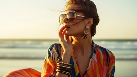 Portrait of beautiful young woman in sunglasses on the beach at sunsetの素材
