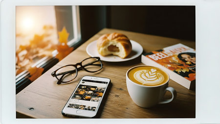 Coffee cup and croissant on wooden table in coffee shopの素材
