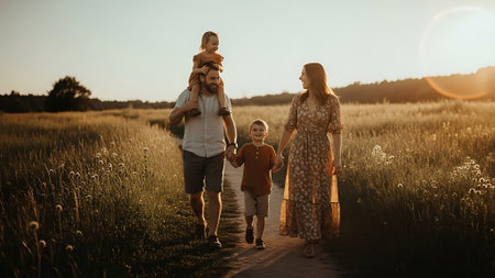 Happy family walking in the field at sunset. Father, mother and son.の素材