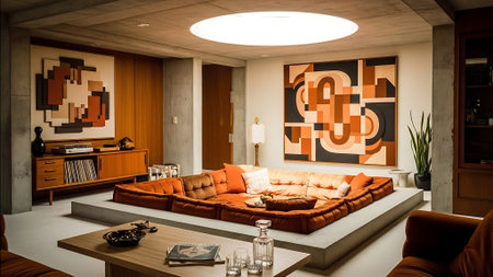 Interior of a modern living room with orange sofa and coffee tableの素材