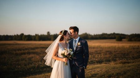 Wedding couple in love kissing and embracing in field at sunset.の素材