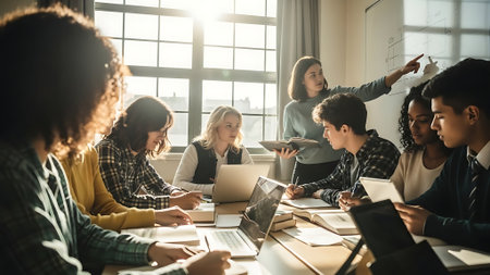 Group of multiethnic startup business people on meeting in modern bright office interior brainstorming, working on laptopの素材