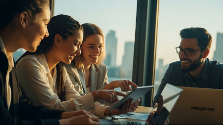 Group of business people working on laptop and tablet computer while sitting at the table in officeの素材