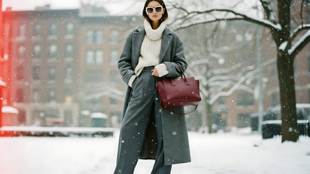 Young beautiful woman in a gray coat and sunglasses with a red handbag on the background of a winter streetの素材