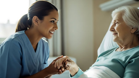 Positive delighted nurse looking at her senior patient while holding her handの素材