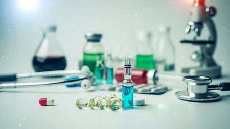 Laboratory research and development concept with microscope, test tubes and stethoscopeの素材