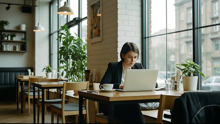 Young businesswoman working on laptop in cafe, sitting at table and drinking coffeeの素材