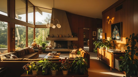 Interior of a cozy living room with a large window overlooking the gardenの素材
