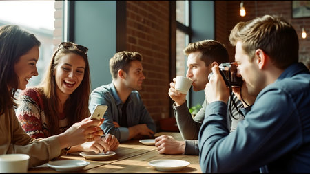 Group of happy young people drinking coffee and using mobile phone in cafeの素材