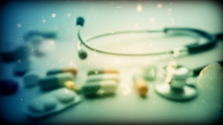 Stethoscope and medical pills on a blue background. Selective focus.の素材