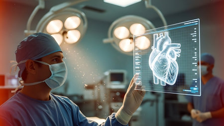 surgeon in operating room with surgery equipment and human heart hologramの素材