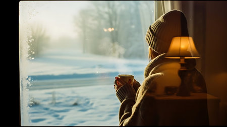 Young woman with cup of coffee looking out the window in winter.の素材