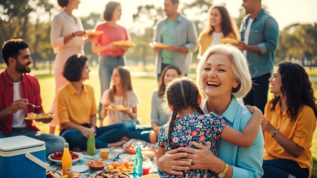 Happy family having barbecue party in summer park. Mother and daughter are having picnic together.の素材