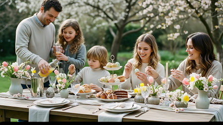 Happy family having picnic in the garden. Mother, father and children having fun on Easter.の素材