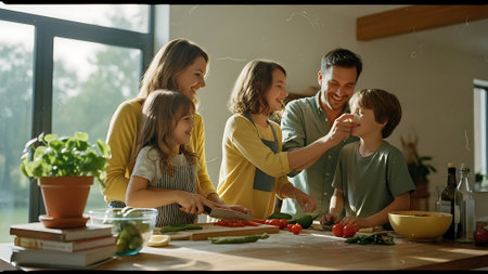 Happy family cooking together in the kitchen. Mother, father and children are preparing food.の素材