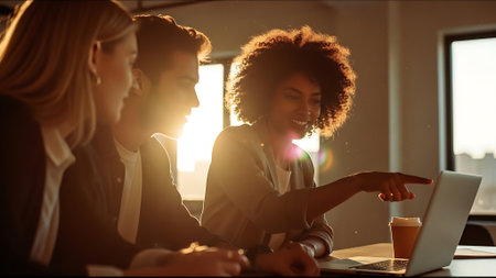Group of young business people working together on laptop in modern office.の素材