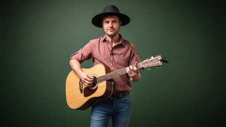 Young man in a cowboy hat with a guitar on a green backgroundの素材