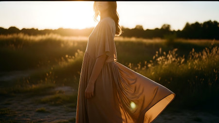 Beautiful young woman in a long dress walking in the field at sunsetの素材