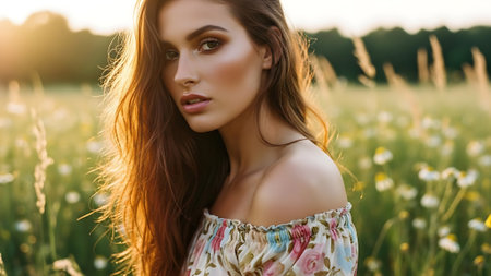 Beautiful young woman in camomile field at sunset. Beauty, fashion.の素材