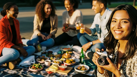 Group of friends having picnic on a summer day, drinking beer and having funの素材