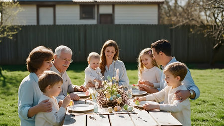 Happy family having dinner in garden on sunny day. Focus on womanの素材