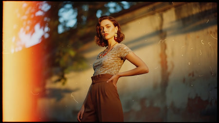 Beautiful girl in a long brown skirt in the rays of the setting sunの素材